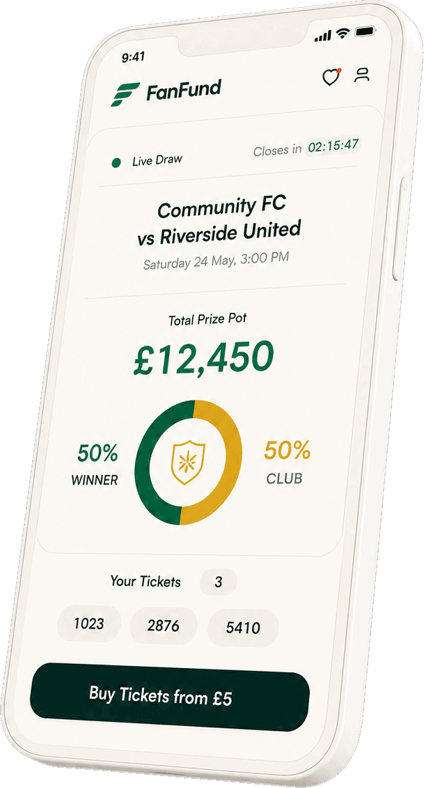 FanFund app showing a live 50/50 draw with a £12,450 prize pot