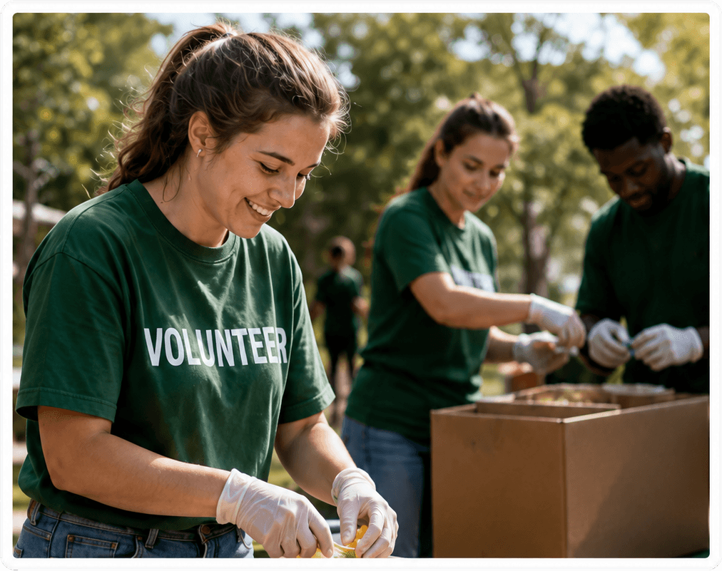 Volunteers packing donations